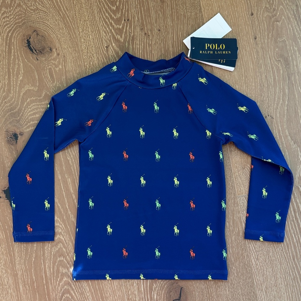 Polo by Ralph Lauren Navy Blue Long-Sleeve Kids Rashguard with Neon Pony Prints